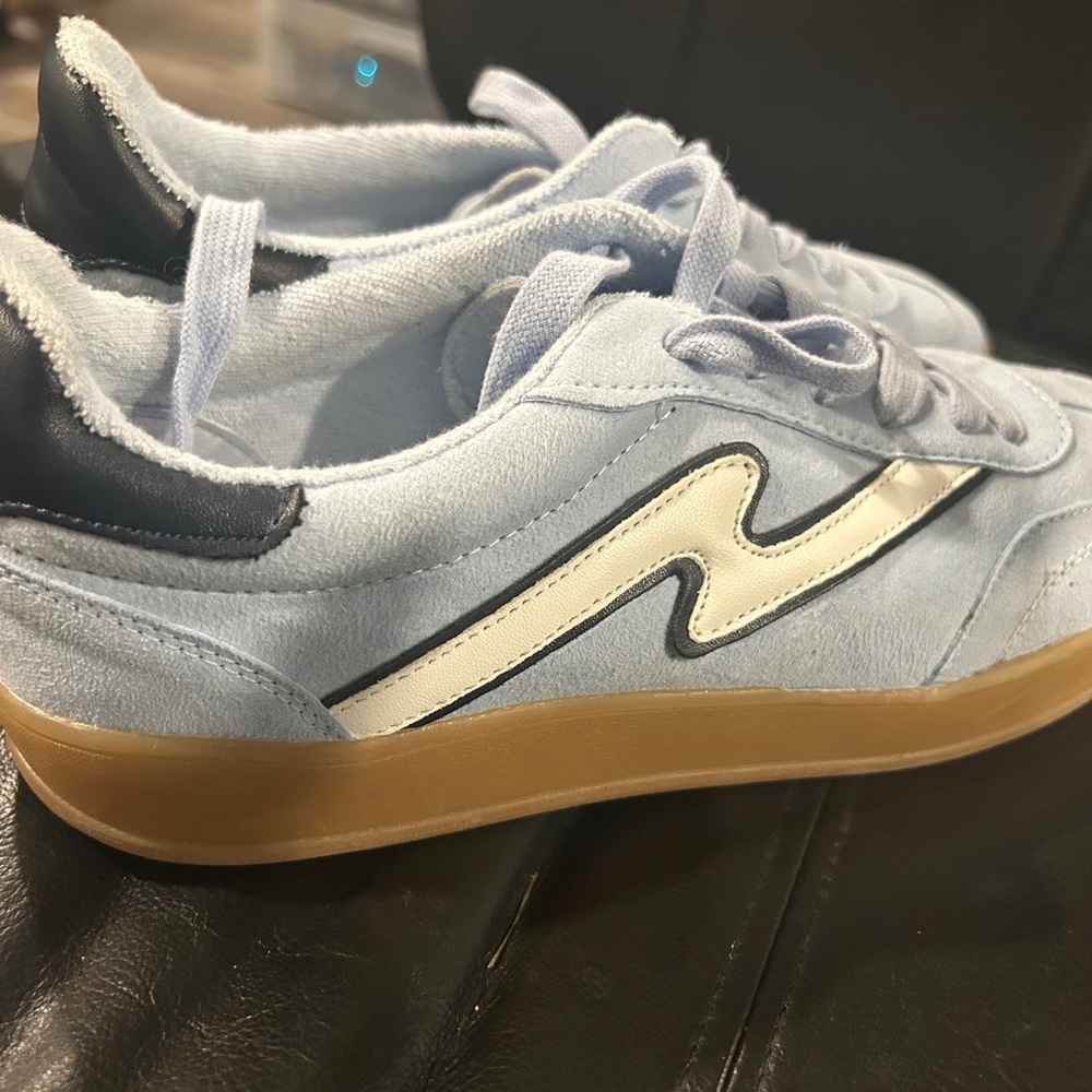 Madden Girl Light Blue Suede Sneakers with Cream Stripe and Gum Sole - Picture 6 of 12